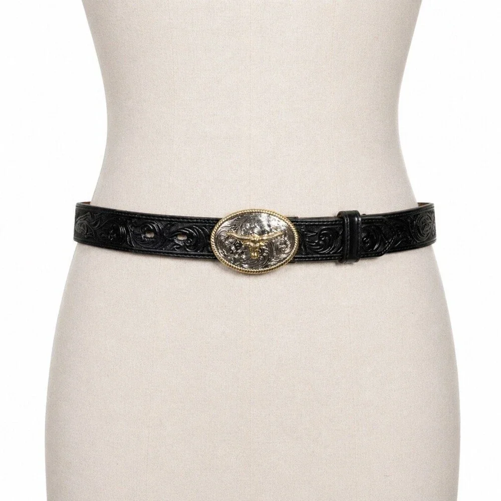 3D Belt Co. Leather Belt Longhorn Bull Western Womens 26 Black